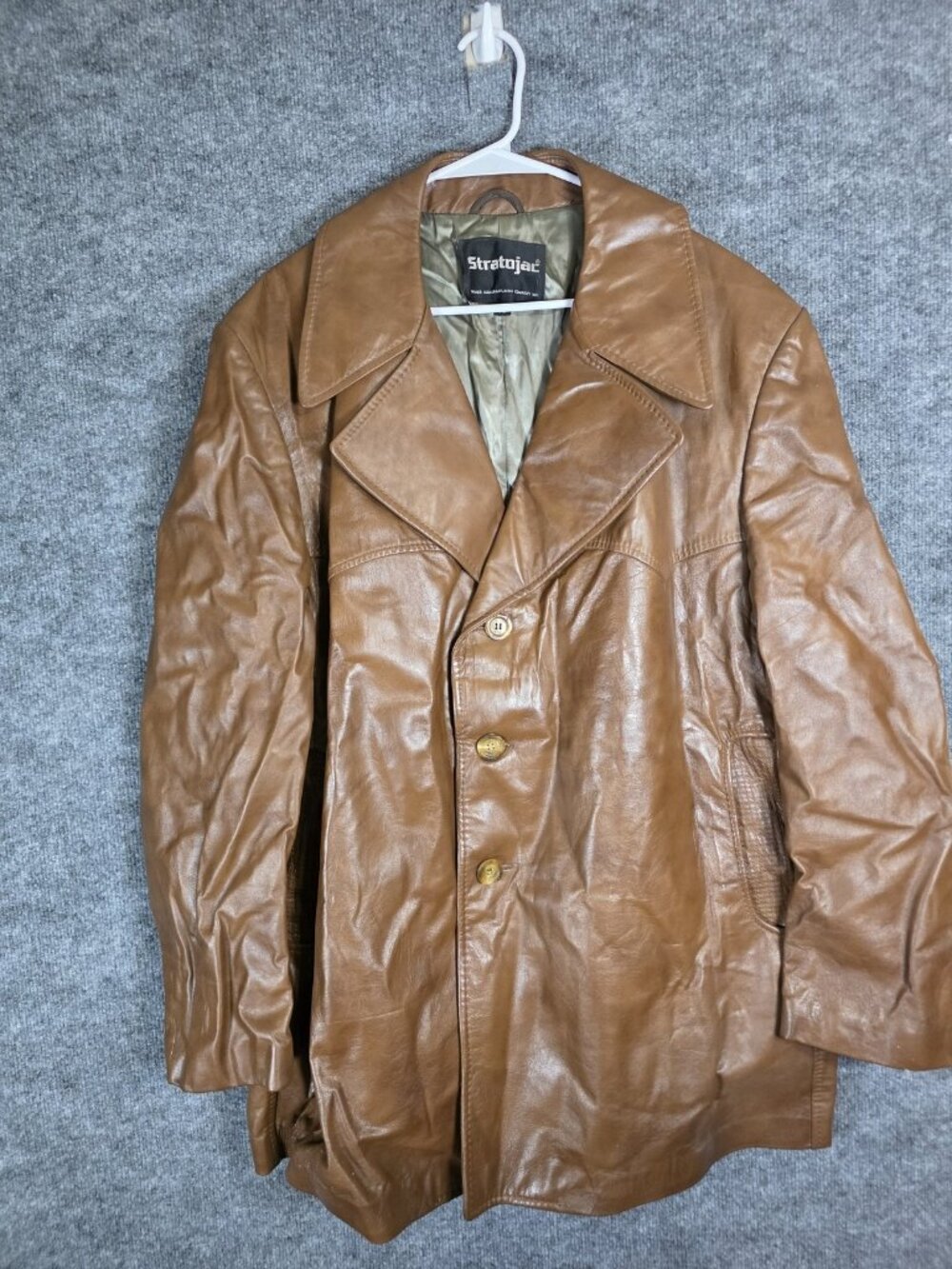 Vintage Stratojac Coat Mens 52 Brown Leather Mid Length Overcoat Lined Jacket